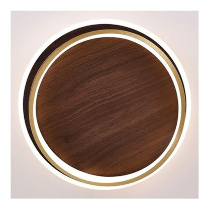 Farmhouse LED Ceiling Light Fixture - Wood Grain Finish Semi Flush Mount Round Mid Century Modern Ceiling Light with Gold Ring Antique Vintage Lighting Fixture for Living Room Bedroom Kitchen - WoodArtSupply