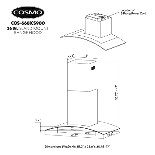 COSMO COS-668ICS900 36 in. Lumin Collection 380 CFM Ducted Island Range Hood, Soft Touch Controls, LED Lights, Stainless Steel COSMO