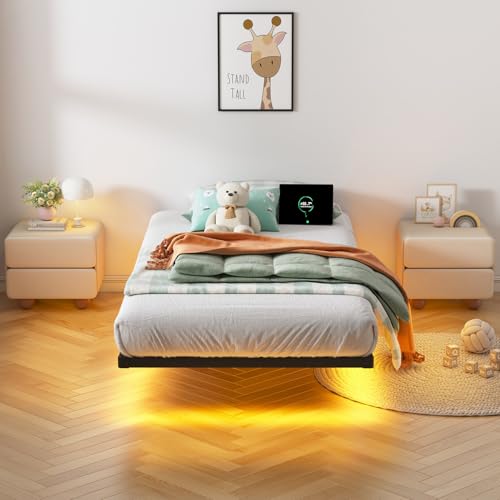 HAVONIZD Floating Bed Frame Twin with LED Lights and Charging Station - 8 inch Platform Bed Frame No Box Spring Needed, Easy Assembly HAVONIZD