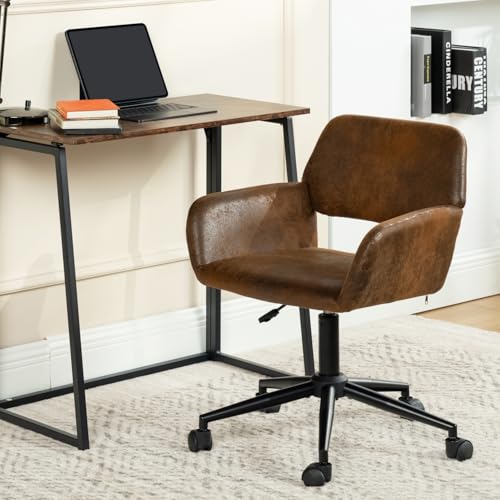 FurnitureR Office Chair, Upholstered Suede Mid Back Swivel Computer Desk Chair with Rolling Wheels, Adjustable Task Chair for Home, Bedroom, Make-up, Studying, Small Spaces - Brown FurnitureR