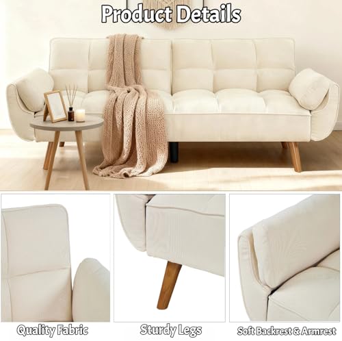Trygoal Convertible Futon Sofa Bed, Modern Futon Couch with 2 Pillows, Small Futons Couch with Adjustable Armrest & Backrest, Loveseat Sofa Bed for Living Room, Bedroom, Beige Trygoal
