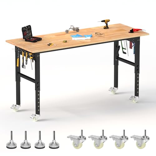 BETISEF 70’’ Work Bench Adjustable Workbench Heavy Duty Work Table with Power outlets, Pegboard, Wheels and Foot Pads, 2000 Lbs Capacity Hardwood Work Benches for Garage, Workshop, Office, Home BETISEF