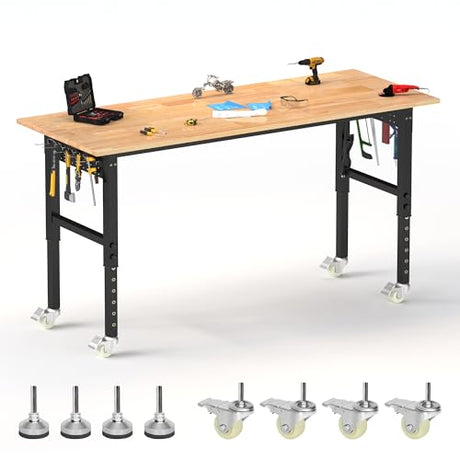 BETISEF 70’’ Work Bench Adjustable Workbench Heavy Duty Work Table with Power outlets, Pegboard, Wheels and Foot Pads, 2000 Lbs Capacity Hardwood Work Benches for Garage, Workshop, Office, Home BETISEF