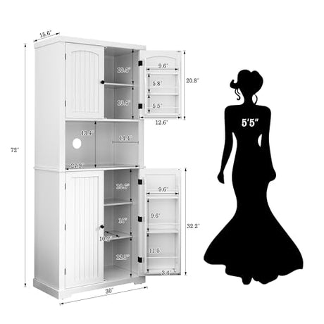 HLR 72" Kitchen Pantry Storage Cabinet, Freestanding Larder Cupboard, Kitchen Hutch Cabinet with Microwave Stand,Utility Pantry with Doors and Shelves for Dining Room, Living Room HLR