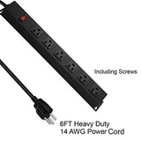 Metal Wall Mount Power Strip, Mountable Power Outlet with 6 AC Outlets, Aluminum Alloy Mount Power Socket with Switch, 6 FT SJT 3/C 14AWG Power Cord, 15A 125V 1875W (6AC) Black HHSOET