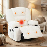 Oversized Wide Recliner Chair with Vibration Massage and Heat, 360° Swivel Recliner Glider for Adults,Chenille Fabric Manual Reclining Single Sofa with Cup Holders & Side Pockets for Living Room,White