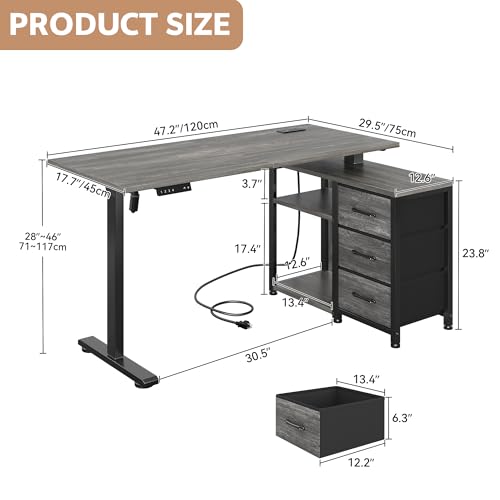 Homiflex 47 Inch L Shaped Standing Desk with 3 Drawers Electric Standing Desk with Storage Computer Desk Adjustable Height Desk with Power Outlets 4 Memory Presets for Home Office, Grey Homiflex