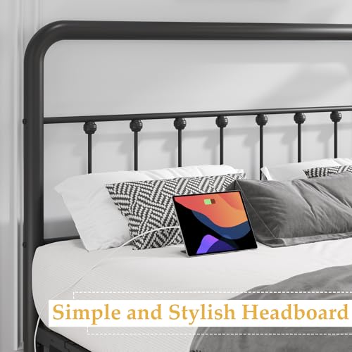 Fluest 14 Inch Full Bed Frame Classic Metal Platform Bed Frame with Charging Station & LED, Victorian Style Iron-Art Headboard/Footboard, Under Bed Storage, No Box Spring Needed, Noise Free Fluest