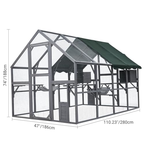 Garvee Large 3-Tier Outdoor Catio, Small Animal Enclosure with 2 Lockable Cat Doors and a Walk in Door, Large Cat House with Half Waterproof Cover, Portable Kitty House with Resting Boxes Garvee