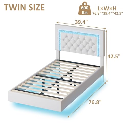 BarnFurin Floating Bed Frame Twin with LED Lights, Upholstered Platform Bed with Diamond Tufted Headboard, No Box Spring Needed, Noise Free, Easy Assembly, White BarnFurin