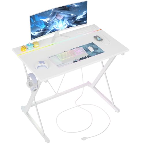 TIQLAB Gaming Desk with Power Outlets & LED 32 Inch Ergonomic Computer Carbon Fiber Surface Gamer, PC Workstation with Headphone Hook for Bedroom, Kids Desk Gift for Boys, White TIQLAB
