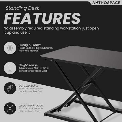 ANTHOSPACE Standing Desk Converter 23.6" x 13.4", Adjustable Height 2.4"–15.7", Sit Stand Converter with Sturdy Steel Frame, Ergonomic Standing Desk Topper & Monitor or Laptop Riser for Home Office ANTHOSPACE
