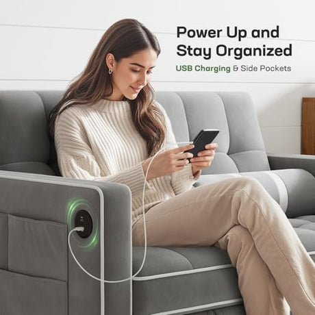 Marsail 3-in-1 Convertible Futon Sleeper Sofa Bed, Pull Out Couch with Adjustable Backrest, USB Charging & Side Pockets, Velvet Fabric Sofa for Living Room, Apartment, Loveseat, Grey Marsail