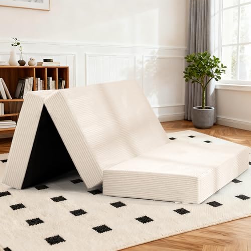 6-Inch Tri-Fold Foldable Mattress, Folding Sofa Bed with Removable Washable Cover, Portable Futon Mattress Full Size Floor Guest Mat with Non-Slip Bottom & Carry Handles for Camping (Beige, Full) AOLVDOW