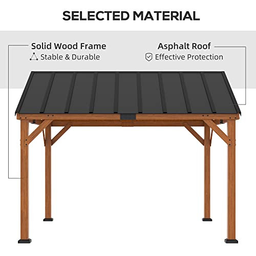 Outsunny 11' x 12' Hardtop Gazebo with Wooden Frame and Waterproof Asphalt Roof, Permanent Pavilion Gazebo Canopy, for Garden, Patio, Backyard, Deck, Porch, Brown Outsunny