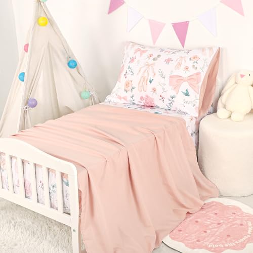 GFU 4 Piece Toddler Bedding Set, Ultra Soft and Breathable Toddler Comforter Sets for Girls Includes Quilted Comforter, Fitted Sheet, Flat Sheet and Pillowcase, Pink Flowers GFU