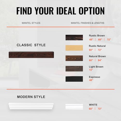 VEVOR Fireplace Mantel, 60" x 8" x 6", 50 lbs Weight Capacity, Natural Wood Mantel for Over Fireplace, Wall Mounted Floating Farmhouse Shelf, Handcrafted Fireplace Mantel for Wall Decor, Rustic Brown VEVOR