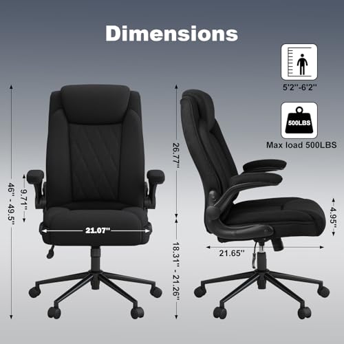 ralex-chair Big and Tall Office Chair -500 lb Heavy Duty Office Chair for Big Man, Fabric High Back Executive Office Desk Chair with 120° Tilt Rock,Computer Desk Chair with flip up arm - Black ralex-chair