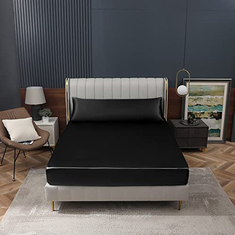 Homiest Black Satin Fitted Sheet Full Size Deep Pocket Luxury & Ultra Soft Bedding Single Bottom Bed Sheets Sold Separately Homiest