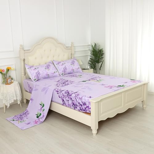 FUYEUN Floral Sheets Sets Queen Size 4 Pcs Flower Fitted Sheets Bedding for Women Girls Purple Lilac Modern Bed Sheets with 1 Flat & 2 Pillowcases FUYEUN