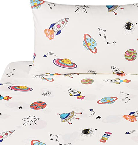 J-pinno Outer Space Planet Rocket Travel Adorable Twin 100% Cotton 3 Pieces Sheet Set for Kids Girls Children Flat Sheet + Fitted Sheet + Pillowcase Bedding Decoration Gift Set J-pinno