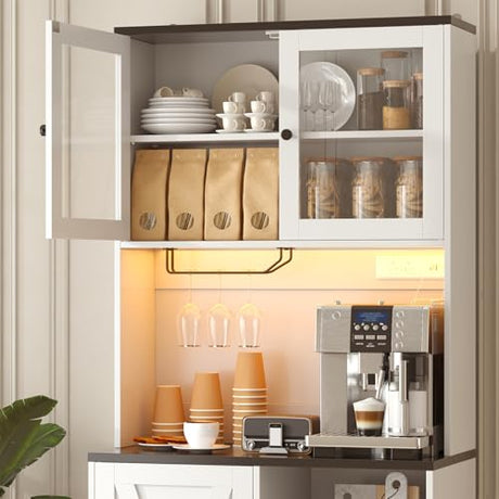 CBBPET 71" Tall Coffee Bar Cabinet with Storage Hutch, Farmhouse Kitchen Pantry Cabinet with LED Lights Microwave Stand and Glass Holder for Home Dining Room Kitchen,White CBBPET