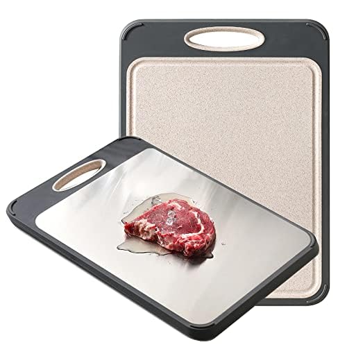 Cutting Board Double Sided, GUANCI Large Size 16”×11”, 304 Stainless Steel Cutting Board for Kitchen, Food-Grade, Stainless Steel and Wheat Straw PP, Easy to Clean GUANCI