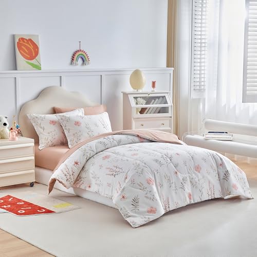 Joyreap 7pcs Cotton Comforter Sheet Set for Girls, Queen Size Bed in a Bag, Pink Flowers n Leaves Botanical Design, Soft n Cozy Kids Bedding Comforter Set for All Season- 88x88 inches Joyreap