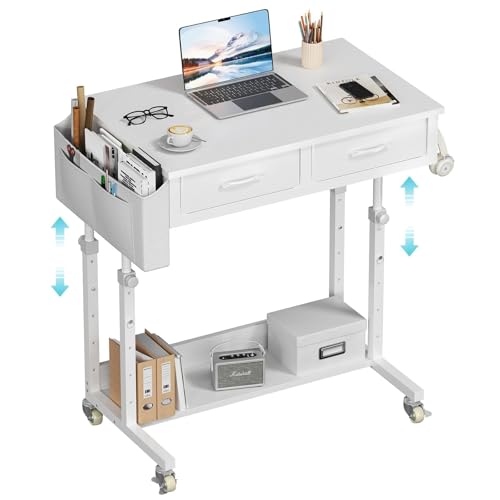 WINAZ Small White Portable Adjustable Rolling Kids Desk with Drawers & Storage Shelf, 32 Inch Mobile Standing Vanity Desks with Wheels, Couch Sofa Side Laptop Craft Table for Bedroom Home Office WINAZ