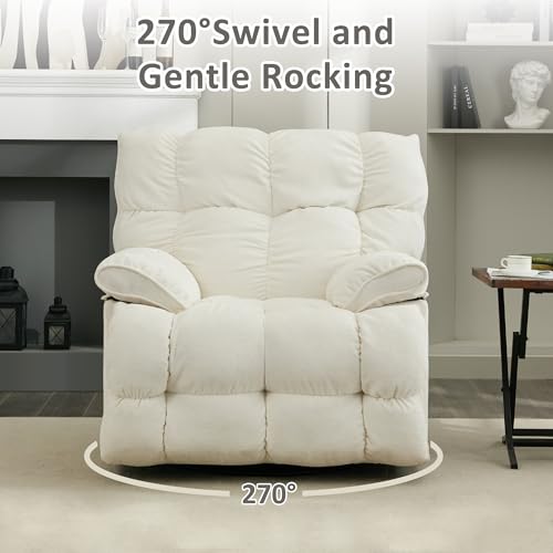 Pationate Oversized Rocker Recliner Chair,Power Swivel Recliner for Living Room,Overstuffed Extra Wide Rocking Recliners with Breathable Soft Fabric,Up to 350lbs (Power, White)