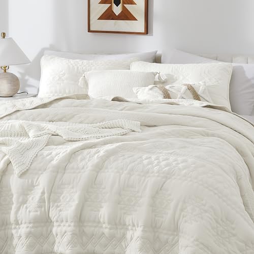 WDCOZY Boho Ivory Twin Quit Size Bedding Sets with 1 Pillow Sham, Cream White Farmhouse Lightweight Soft Bedspread Coverlet for All Season, 2 Pieces, 68x90 inches WDCOZY