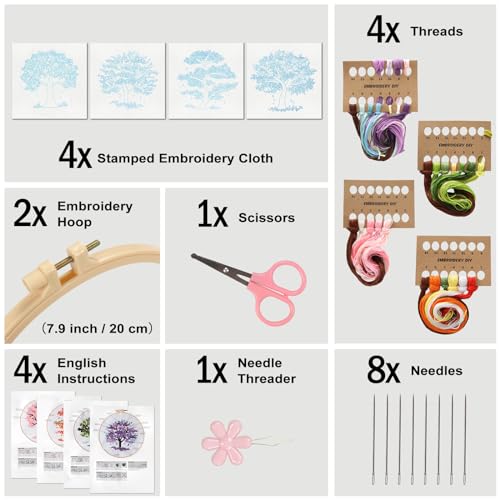 Sivilife Embroidery Starter Kit for Beginners, 4 Sets Stamped Cross Stitch Kits for Adult, Seasonal Tree Pattern Hand DIY Kits with 2 Embroidery Hoop Instructions Color Threads Needles and Scissor