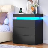 Nightstand with Charging Station and LED Lights, Night Stand with 3 Large Drawers, Bedside Table with Storage, Modern End Side Table, Black Night Stands for Bedroom, Living Room, 23.62" W×26.97" H Gyfimoie