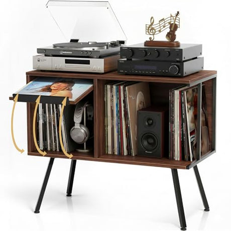 Faesun Flip Top Record Player Stand, Large Turntable Stand Holds up to 150+ Albums, Vintage Mid Century Record Player Table, Stereo Cabinet with Open Storage, for Living Room, Bedroom, Walnut Faesun
