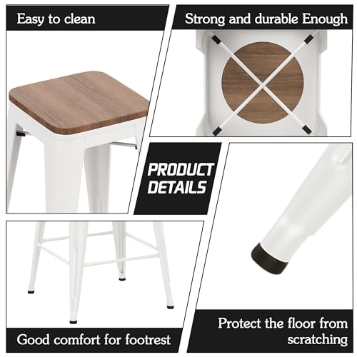 Alunaune 24" Metal Bar Stools Set of 4 Industrial Backless Counter Height Barstools Kitchen Patio Stool Stackable with Wooden Seat- White Alunaune