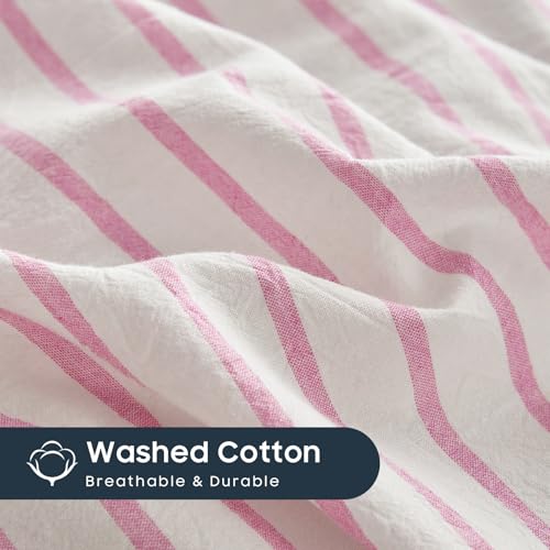 Wake In Cloud - Striped Cotton Duvet Cover Set, Ticking Stripe Vertical Pinstripe Farmhouse, 100% Washed Cotton Textured Percale Bedding Set, 3 Pieces, Pink White, Full Size Wake In Cloud