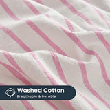 Wake In Cloud - Striped Cotton Duvet Cover Set, Ticking Stripe Vertical Pinstripe Farmhouse, 100% Washed Cotton Textured Percale Bedding Set, 3 Pieces, Pink White, Full Size Wake In Cloud