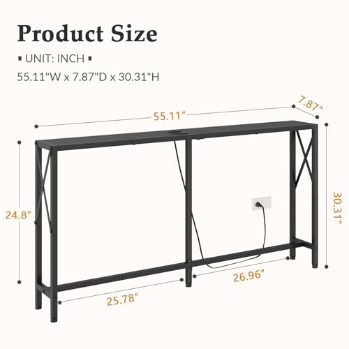 Gewudraw 55.1" Narrow Sofa Table, Console Table with Oulets & USB Ports, Entryway Table, Industrial Couch Table for Hallway, Living Room, Bedroom, 6.5 Feet Power Cord,Black Gewudraw