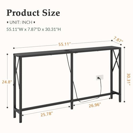 Gewudraw 55.1" Narrow Sofa Table, Console Table with Oulets & USB Ports, Entryway Table, Industrial Couch Table for Hallway, Living Room, Bedroom, 6.5 Feet Power Cord,Black Gewudraw