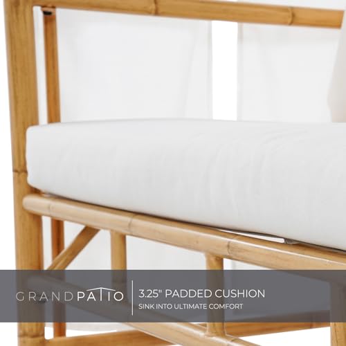 Grand patio Outdoor Loveseat with Canopy, Metal Patio Loveseat Sofa with Thick Cushion, Tropical-style Patio Furniture Featuring Imitation Bamboo Finish, White Grand patio