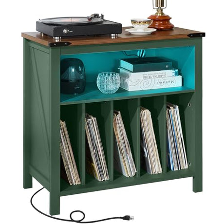 Joaxswe Large Record Player Table with Charging Station & LED Lights, Green Vinyl Record Storage Cabinet Holds up to 230 Albums, Turntable Stand with Display Shelf for Music Room Bedroom Living Room Joaxswe