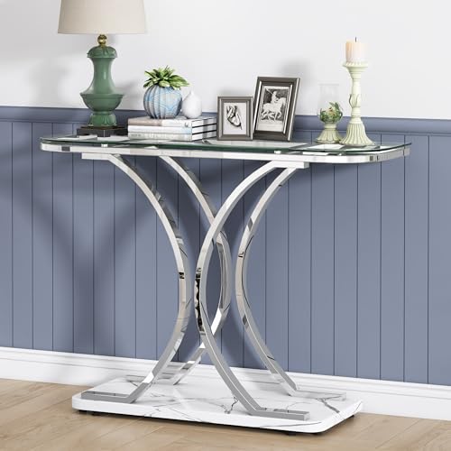 O&K FURNITURE Silver Glass Console Tables for Entryway,Glass Entryway Table with Curved Frames and Marble Base, Modern Entrance Table Sofa Table for Living Room,Hallway,Silver Glass&White Marble O&K FURNITURE