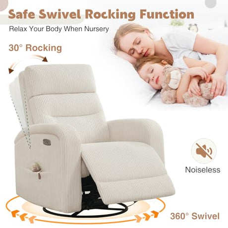 Power Swivel Rocker Recliner, Upholstered Glider Recliner Nursery Chair with Type-C & USB Port, Swivel Rocking Nursery Recliners with Double Pockets for Living Room Bedroom, Corduroy Cream White AEMEIOS