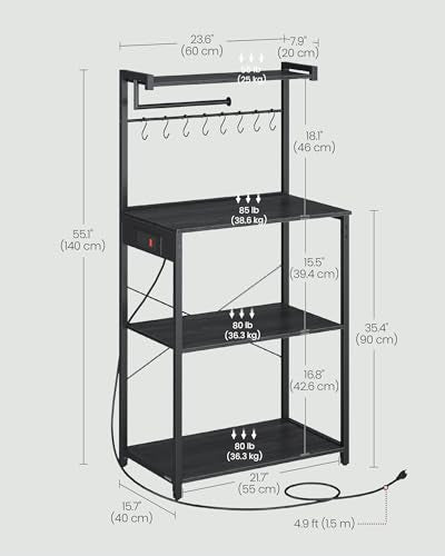 VASAGLE Kitchen Bakers Rack with Power Outlet, Coffee Bar 4-Tier with 8 S Hooks, Microwave Stand, Adjustable Shelf, for Small Spaces, Charcoal Gray and Ink Black UKKS014B01V1