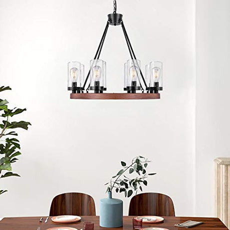 Wellmet 8-Light Farmhouse Chandeliers for Dining Room, 30 inch Rustic Wagon Wheel Chandelier with Seeded Glass Shade, Antique Vintage Round Wood-Painted Hanging Lighting Kitchen Island Living Room Wellmet