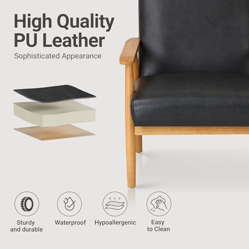 COLAMY PU Leather Accent Chair for Living Room, Mid Century Modern Relaxing Armchair with Solid Wood Frame & Soft Cushion, Reading Leisure Chair with High Back（Black COLAMY