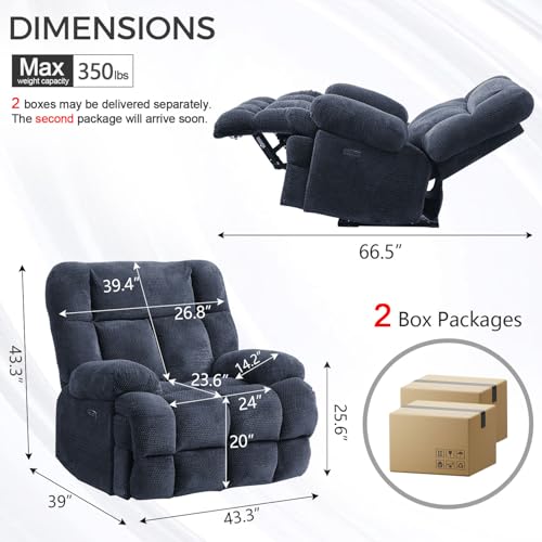 Oversized Power Zero Gravity Recliner Chairs for Adults, Electric Reclining 0 Gravity Chair for Big Man,Soft Fabric Overstuffed Single Recliners with USB Charger Port for Living Room, Blue