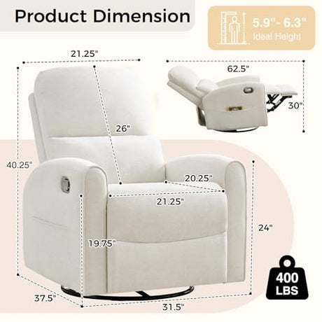 AEMEIOS Swivel Rocker Recliner, Manual Swivel Glider Nursery Recliner Chair with Adjustable Headrest and Lumbar Support, Rocking Recling Chairs for Small Space, Living Room, Bedroom, White AEMEIOS