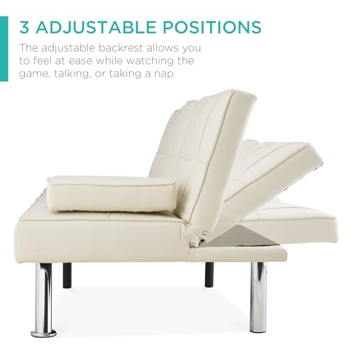 Best Choice Products Linen Modern Folding Futon, Reclining Sofa Bed for Apartment, Dorm w/Removable Armrests, 2 Cupholders - Ivory Best Choice Products