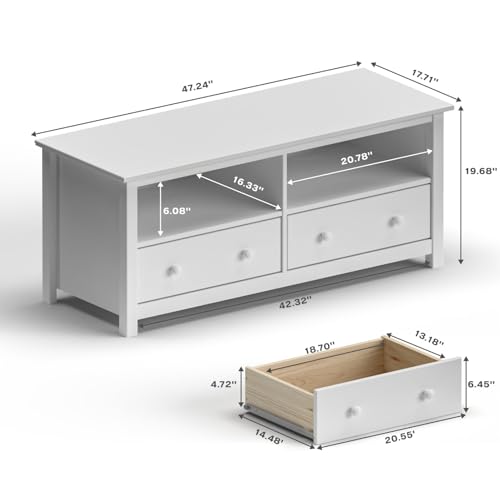 Handcrafted Solid Oak TV Stand Entertainment Center - Elegant White Media Console with Spacious Storage Drawers & Open Shelves - Sturdy Wood Cabinet Fits TVs up to 55 Inches From the Tree Furniture